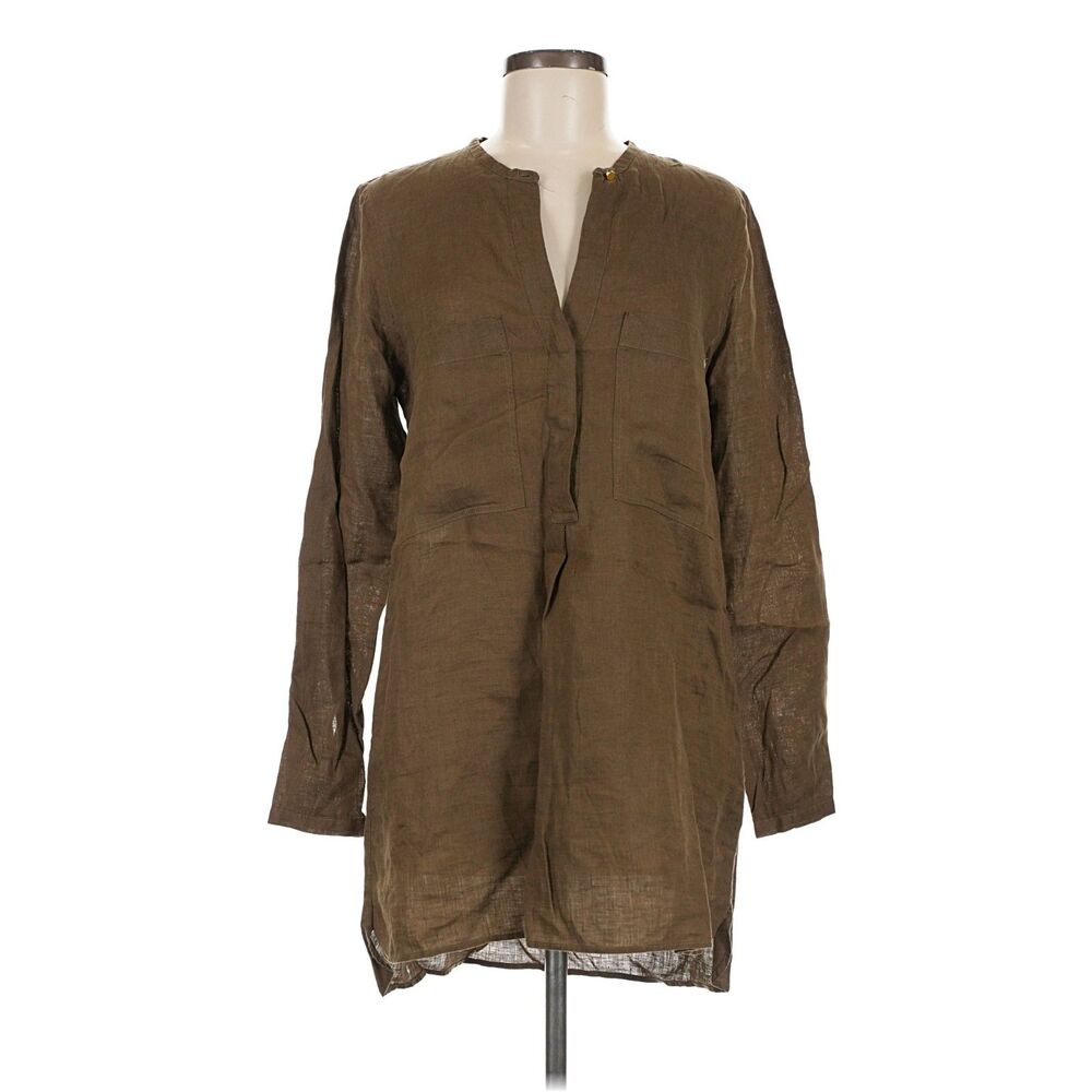 Massimo Dutti 100% Linen Olive Brown Gauze Tunic Dress Long Sleeve Pocketed Sz 8